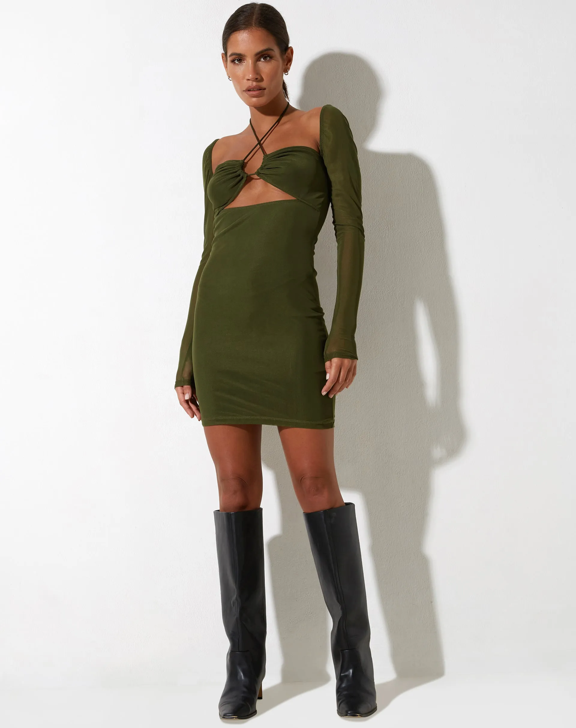 Yuvila Bodycon Dress in Mesh Khaki